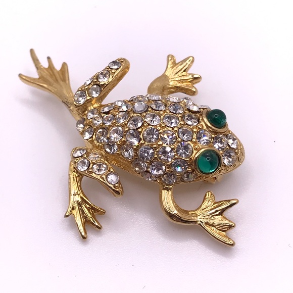Crystal Gold Tone Frog Pin Brooch - Picture 2 of 6